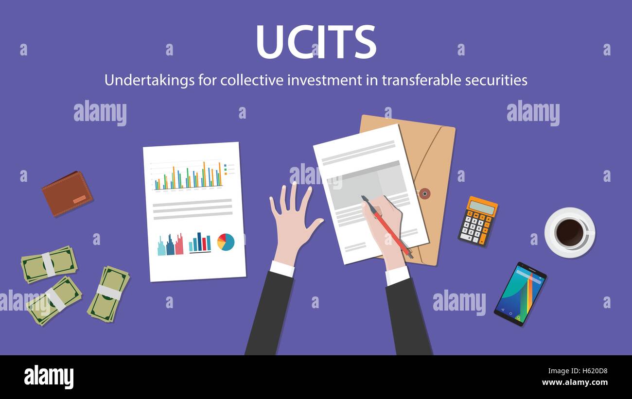 UCIT Organismen für gemeinsame Anlagen in Wertpapieren Konzept mit Geschäftsmann arbeiten am Dokument Graph Chart Papiergeld und Geldbeutel Stock Vektor