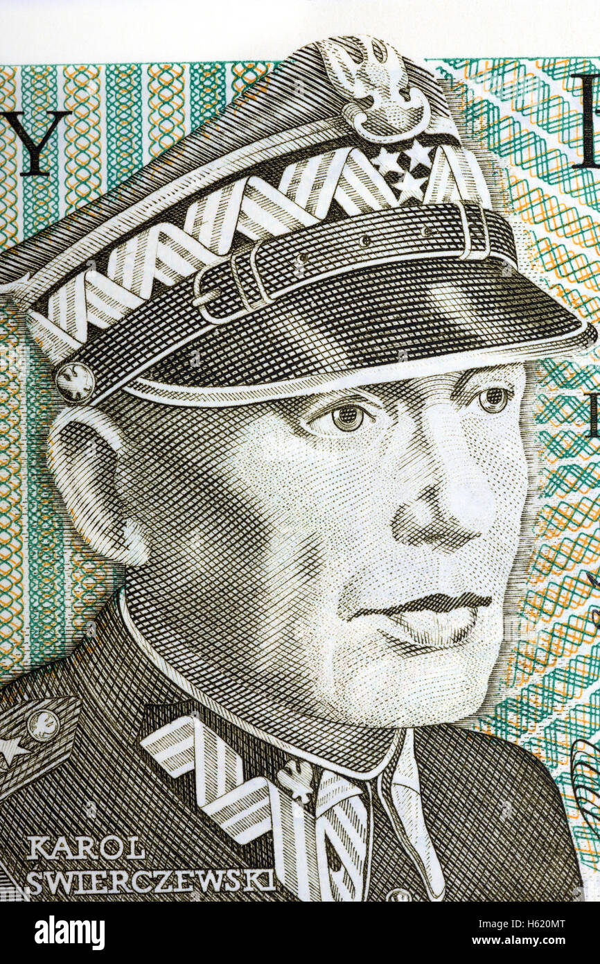 Karol Swierczewski, Porträt von alten 50 zloty Stockfoto