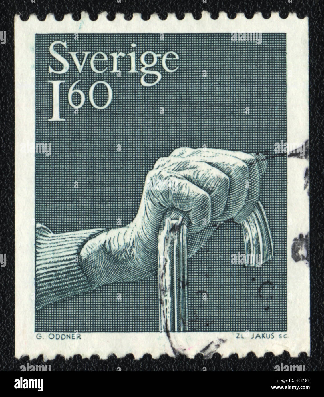 Eine Briefmarke gedruckt von Schweden, zeigt Routinier mit einer Krücke, 1980 Stockfoto