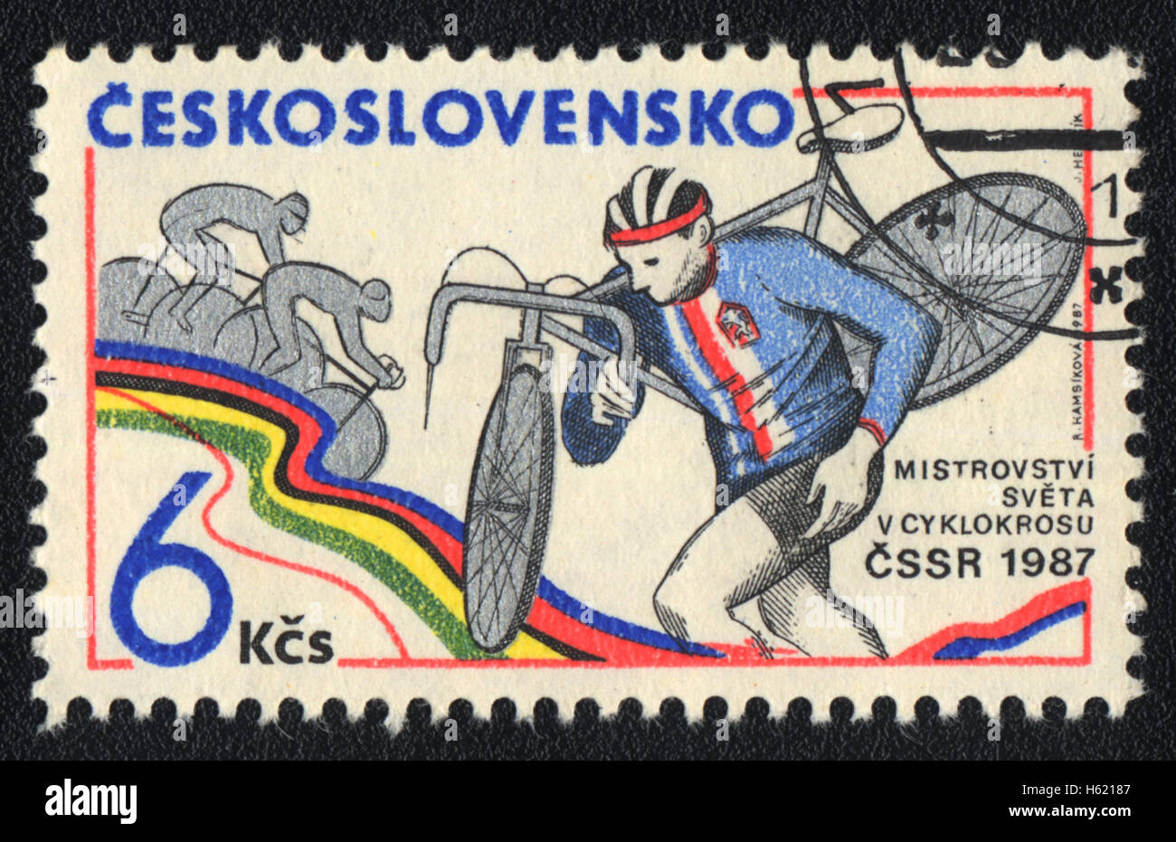 Eine Briefmarke gedruckt in der Tschechoslowakei, zeigt Radfahren Kreuz, 1987 Stockfoto