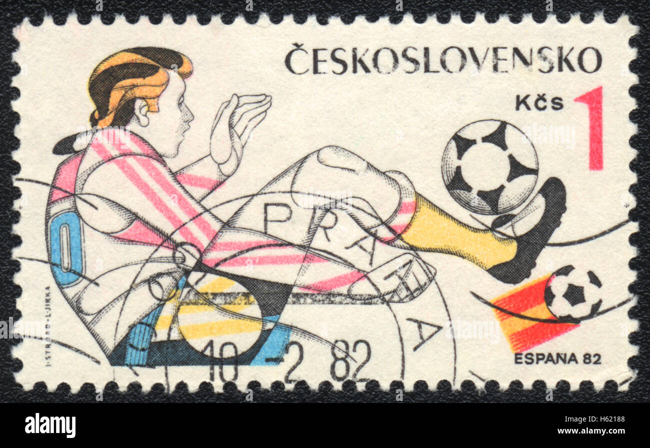 Eine Briefmarke gedruckt in der Tschechoslowakei, zeigt Fußball in Spanien 82, 1982 Stockfoto