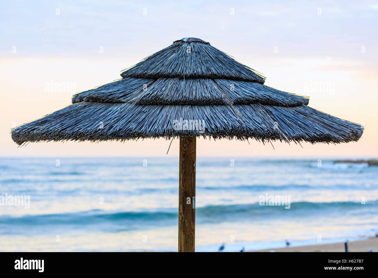 Sonnenschirm Schilf Meer im Hintergrund Abenddämmerung Abend gemacht Stockfoto