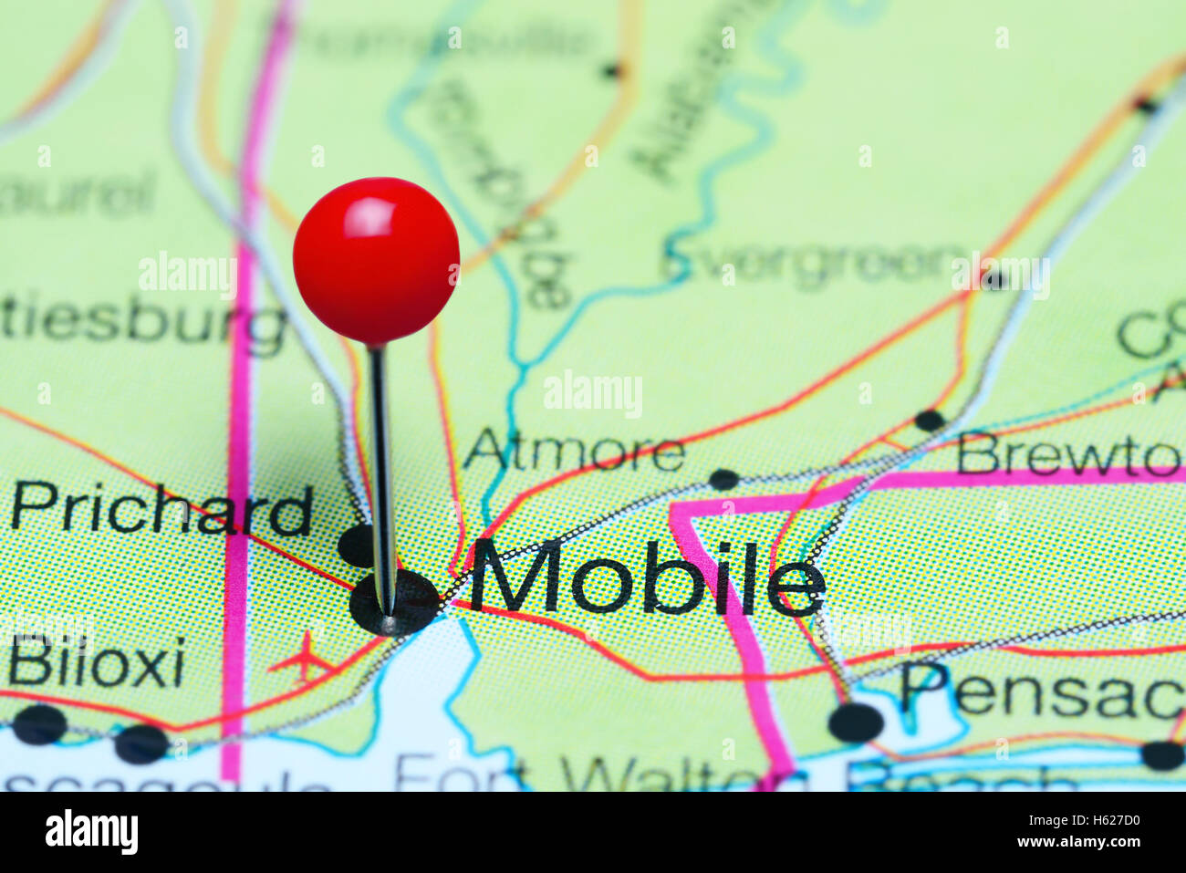 Mobile, fixiert auf einer Karte von Alabama, USA Stockfoto