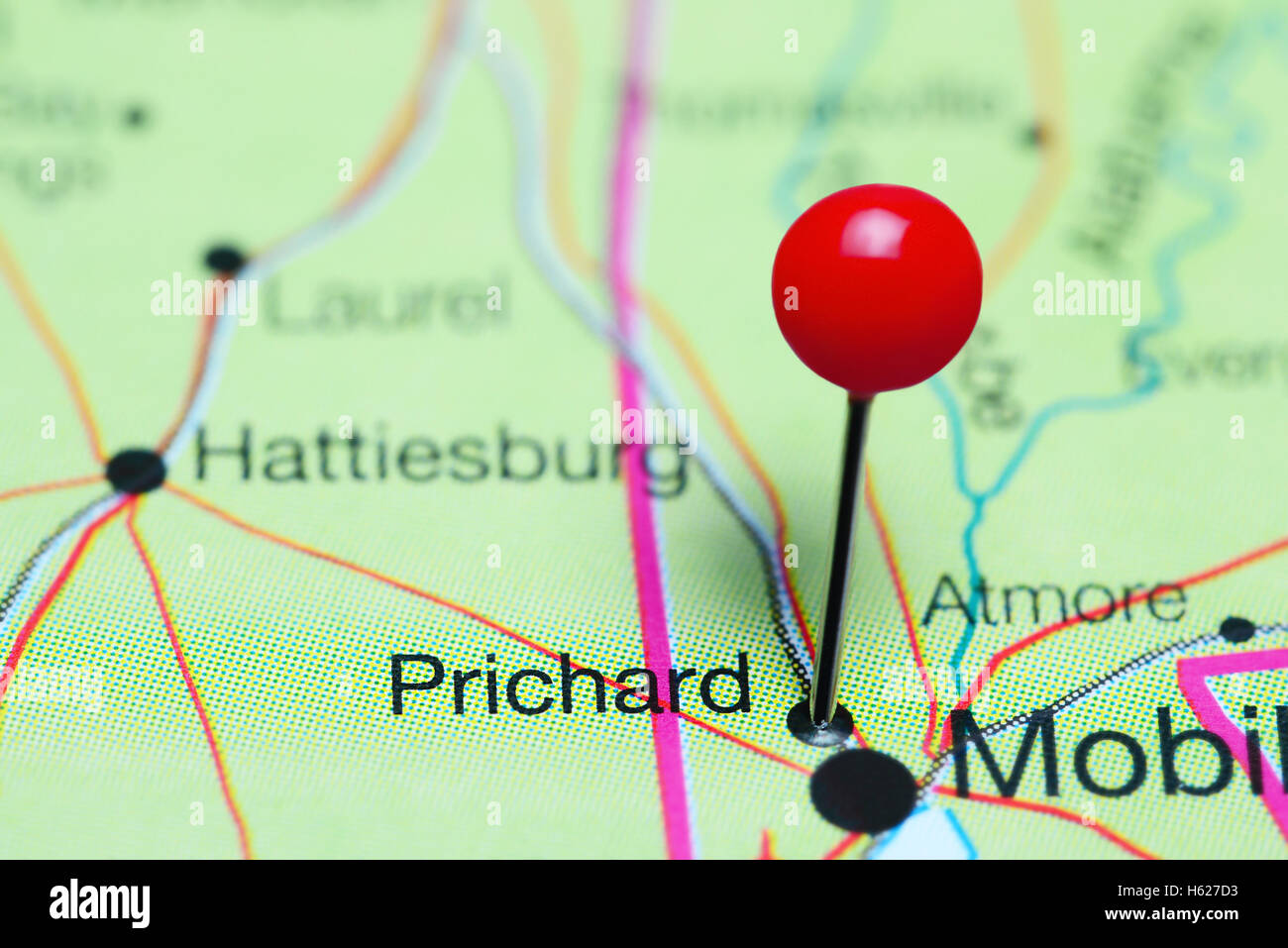 Prichard, fixiert auf einer Karte von Alabama, USA Stockfoto