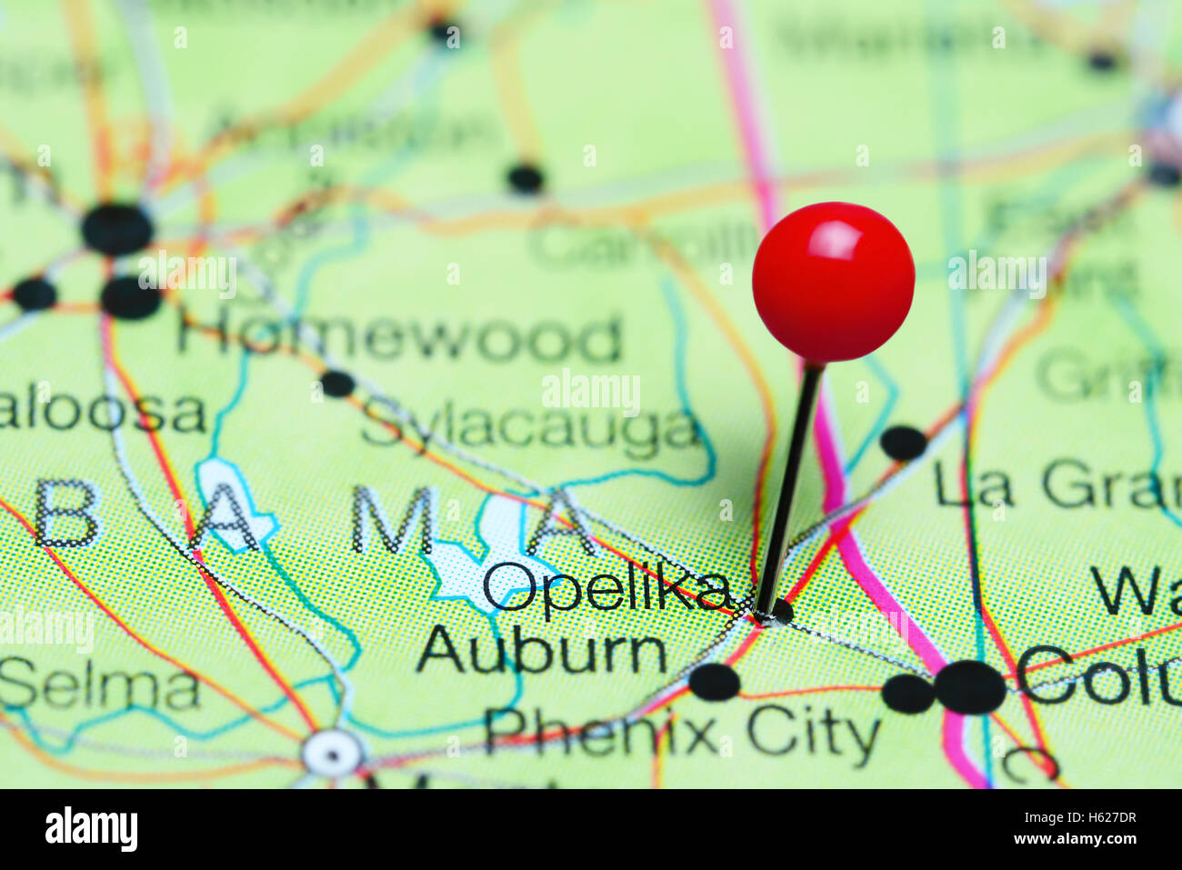 Opelika, fixiert auf einer Karte von Alabama, USA Stockfoto