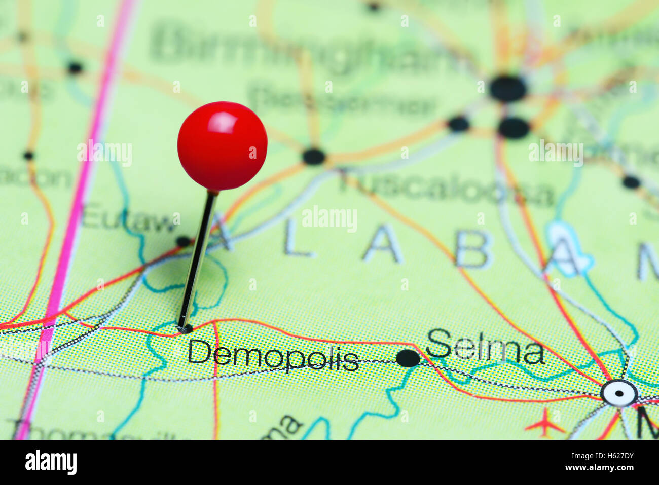 Demopolis fixiert auf einer Karte von Alabama, USA Stockfoto