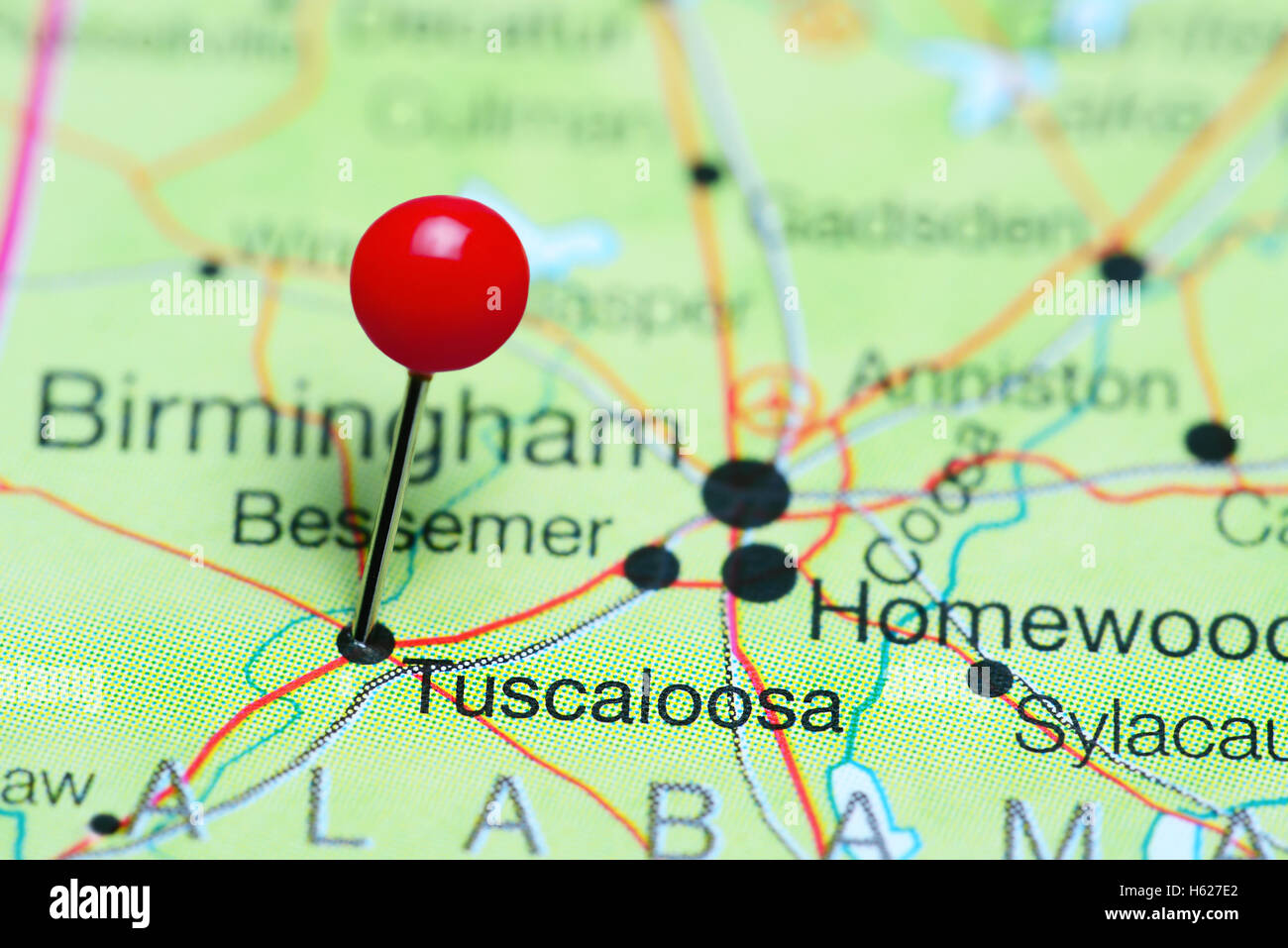 Tuscaloosa, fixiert auf einer Karte von Alabama, USA Stockfoto