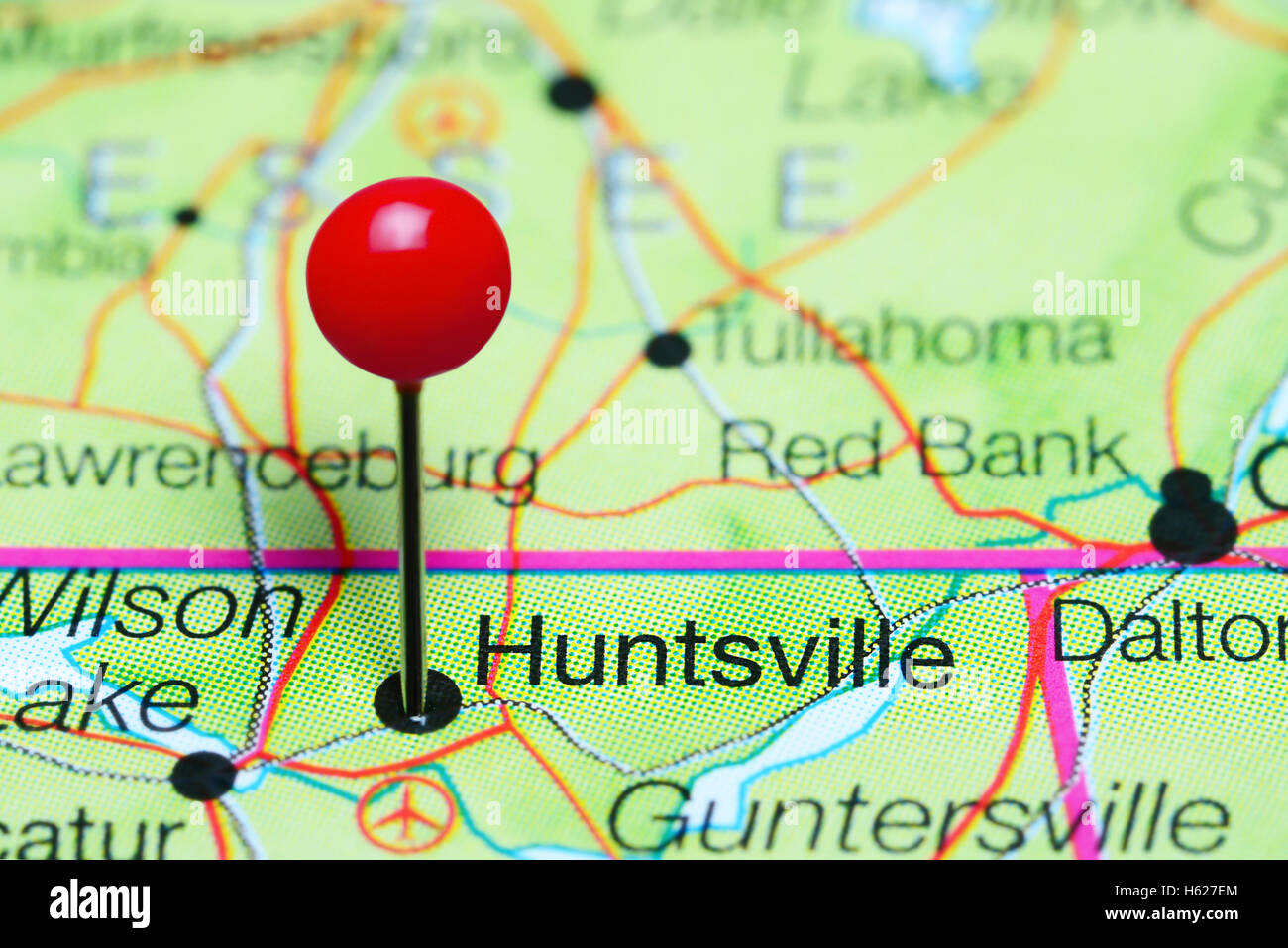 Huntsville, fixiert auf einer Karte von Alabama, USA Stockfoto