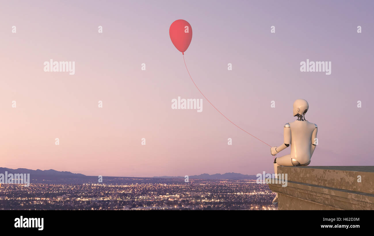 Rückansicht des Roboters sitzen am Rand eines Daches mit einem Ballon, 3D Rendering Stockfoto