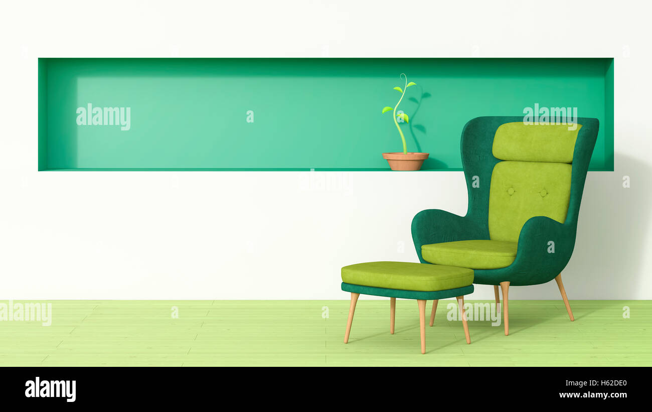 Retro-Stil Sessel und Hocker mit Pflanze wächst im grünen Regal Stockfoto