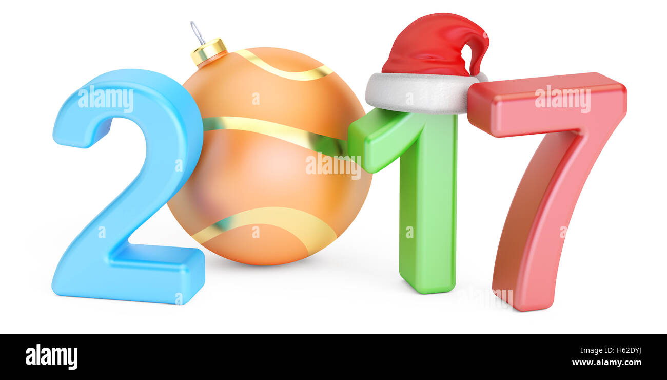 Glückliches neues Jahr 2017 und Frohe Weihnachten Konzept, 3D-Rendering isolierten auf weißen Hintergrund Stockfoto