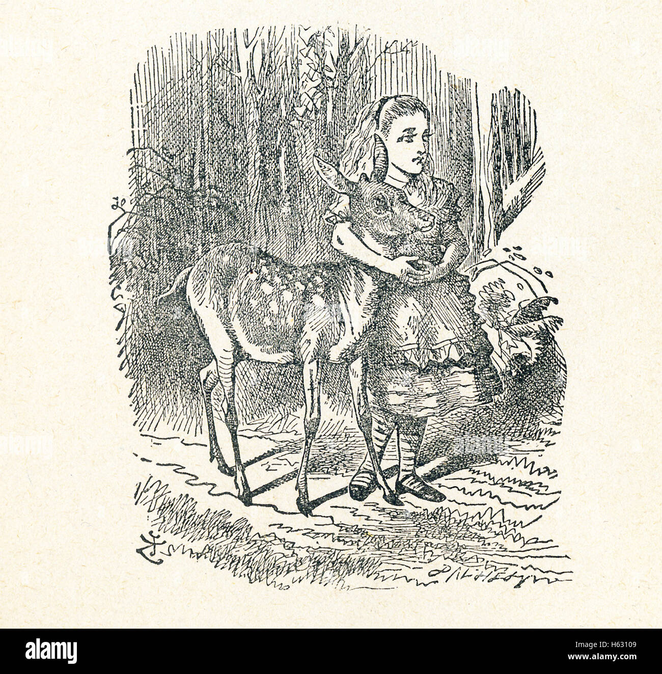 Dies ist eine Szene von dem, was Alice sah, sobald sie hinter dem Spiegel und in den Spiegel-Raum in Carrolls "Through the Looking Glass." hier ging, Alice hat den Arm um den Hals ein Rehkitz, das Wandern durch gekommen war. Stockfoto