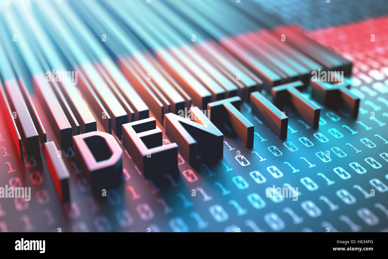 3D Abbildung eines Laserscanners für einen Barcode mit der Wort-Identität. Stockfoto