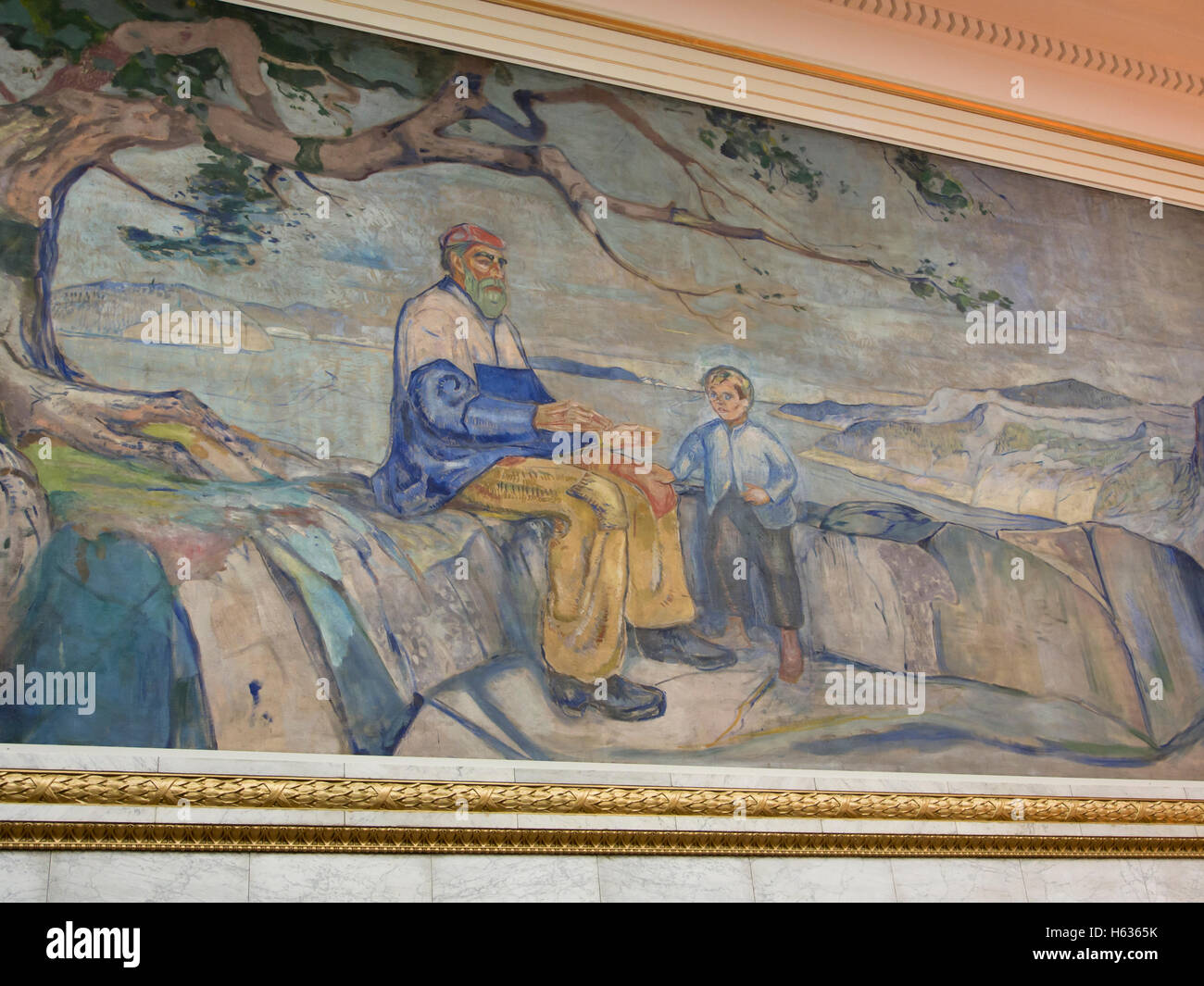 Universitetets Aula, Oslo University Hall, hat drei monumentale Gemälde / Wandmalereien von Edvard Munch, "Historien", "Geschichte" Stockfoto