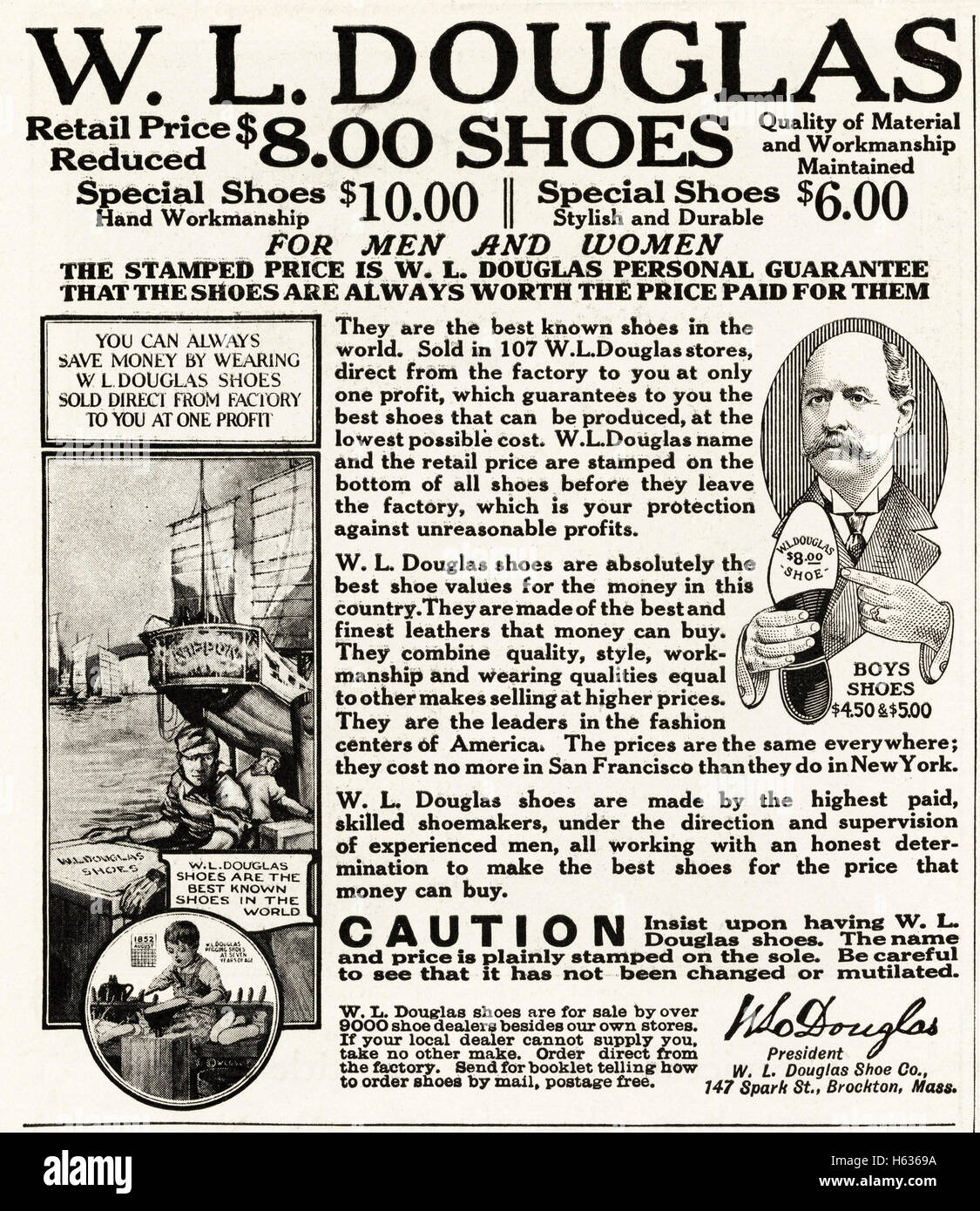 1920er Jahre Werbung Anzeige aus original alten Vintage American Magazins datiert 1921 Werbung W.L. Douglas Shoe Co von Brockton Massachusetts, USA Stockfoto