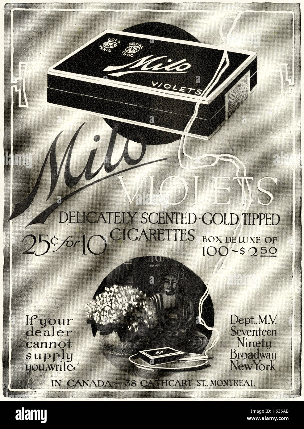 1920 Anzeige Anzeige aus original alten Vintage amerikanische Zeitschrift vom Werbung 1921 Milo Veilchen duftend Gold gespitzt Zigaretten 20s Retro Stockfoto