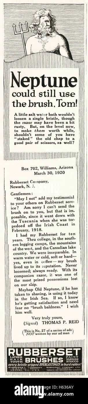 1920er Jahre Werbung Werbung aus original alten Vintage American datiert 1921 Zeitschriftenwerbung, die Rubberset Bürsten Stockfoto