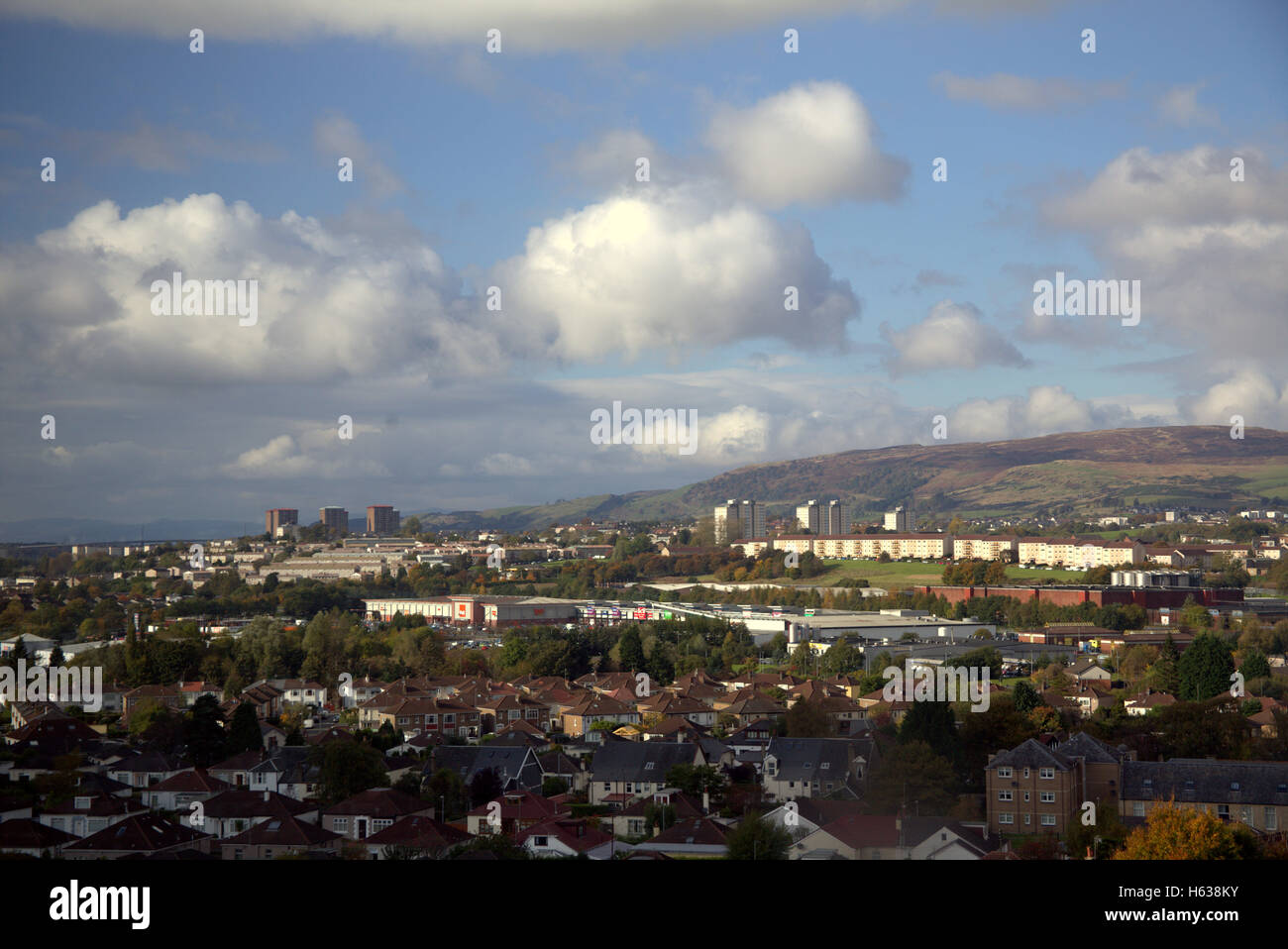 Drunchapel nach Nord Westen mit Duntocher Faifley und die Kilpatrick Hügel entlang der Linie des Antoninuswalls Stockfoto