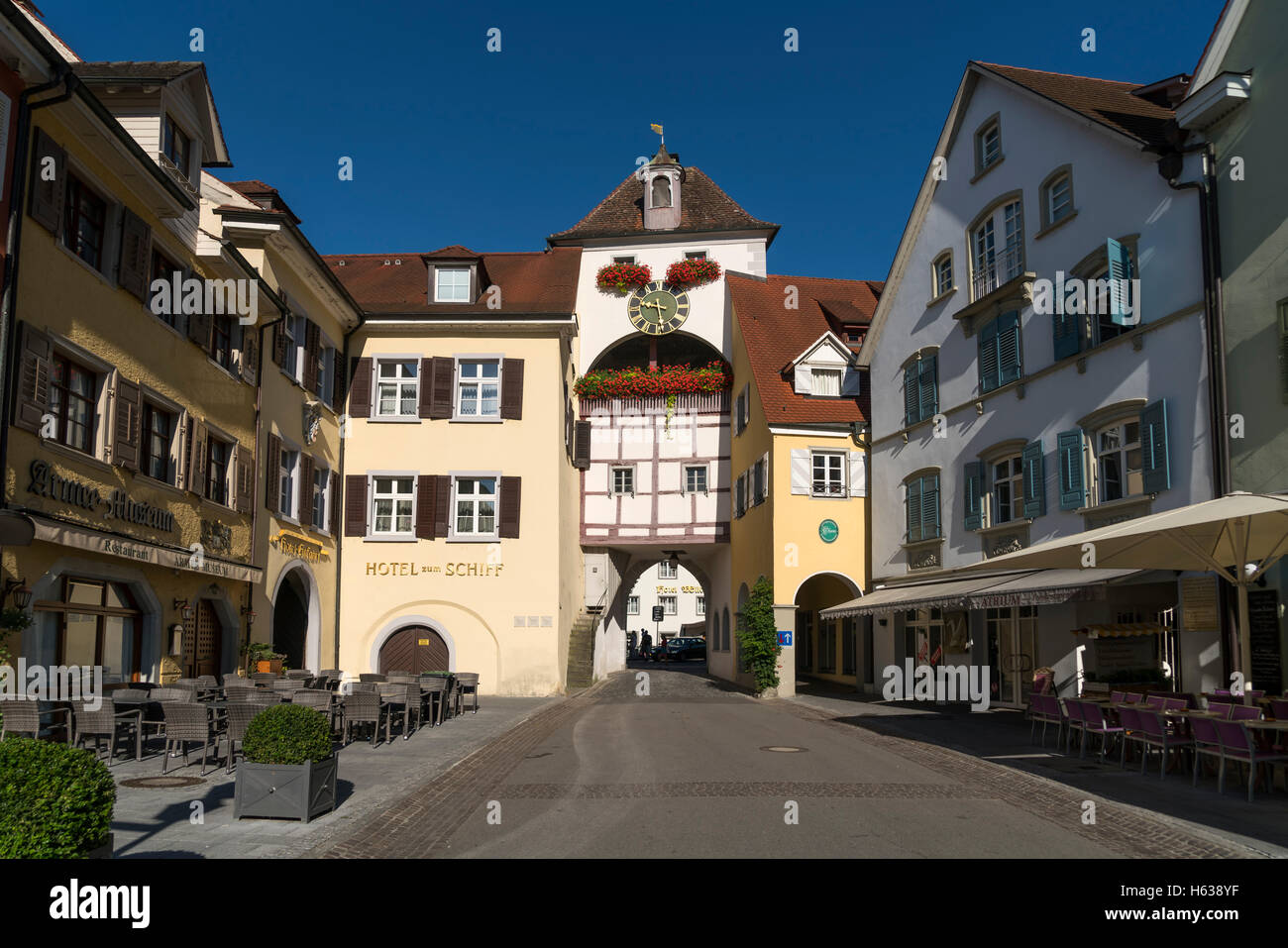 mittelalterliche Stadttor Unterstadttor in Meersburg am Bodensee, Baden-Württemberg, Deutschland, Stockfoto