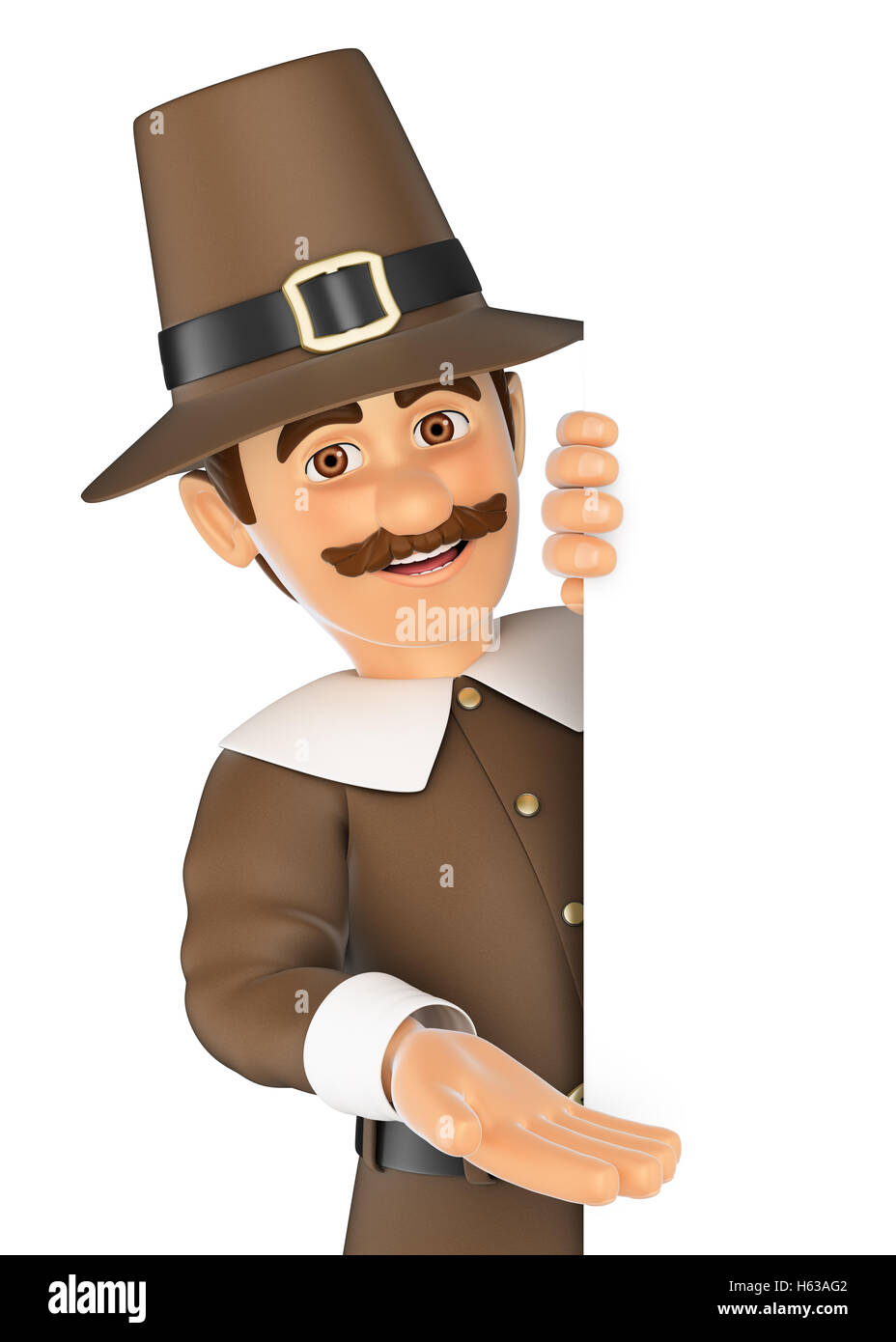 3d Danksagung Menschen Abbildung. Mann beiseite zeigt. Leerzeichen. isoliert weißer Hintergrund. Stockfoto