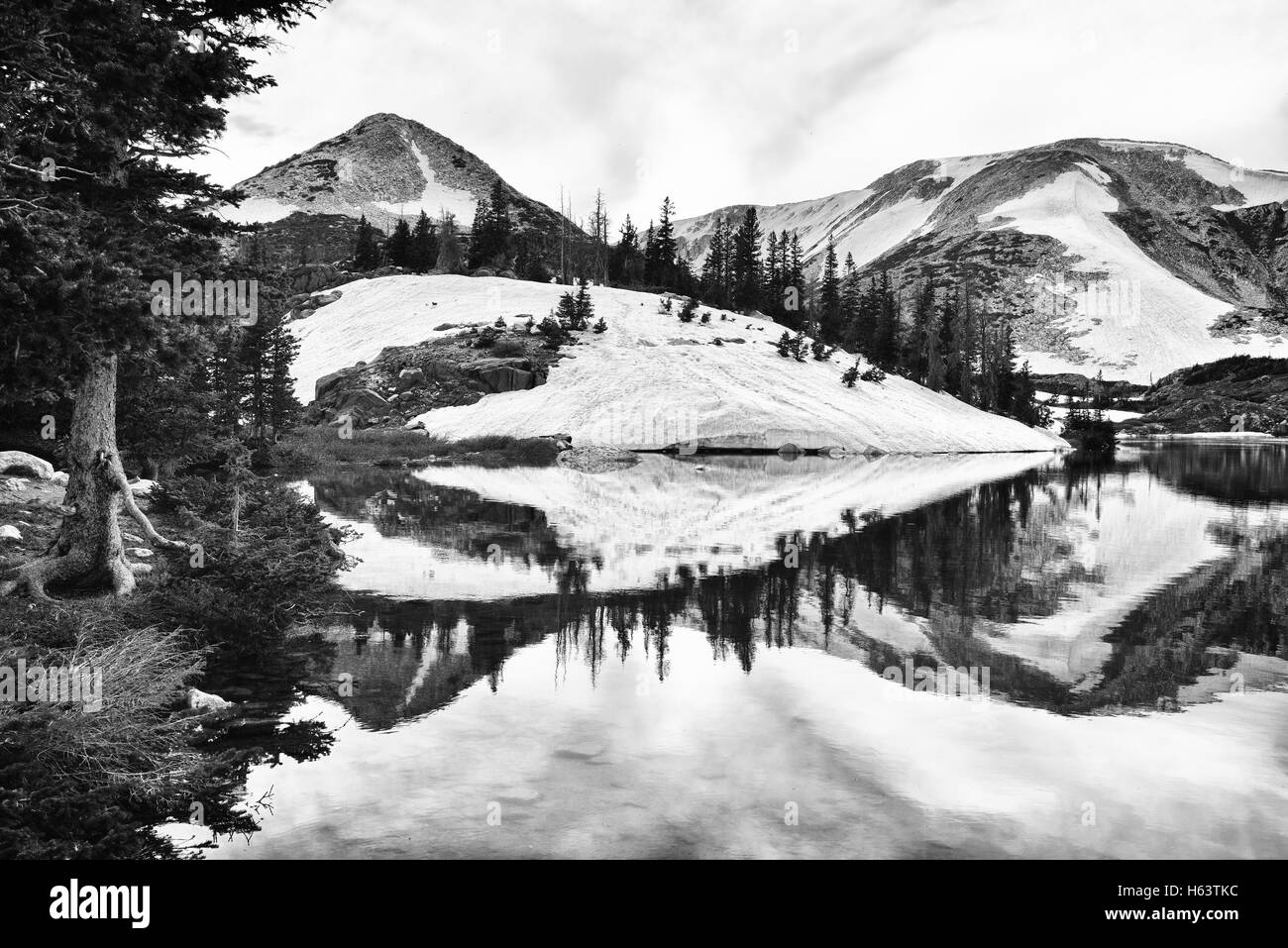 Snowy Range Berge und See mit Reflexion in Medicine Bow, Wyoming im Sommer Stockfoto