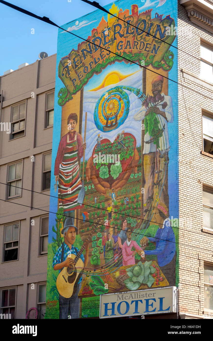 San Francisco, CA, USA, Street Art, Wandmalerei, Tenderloin District, Skid Row, McAllister Hotel, moderne Grafik Stockfoto