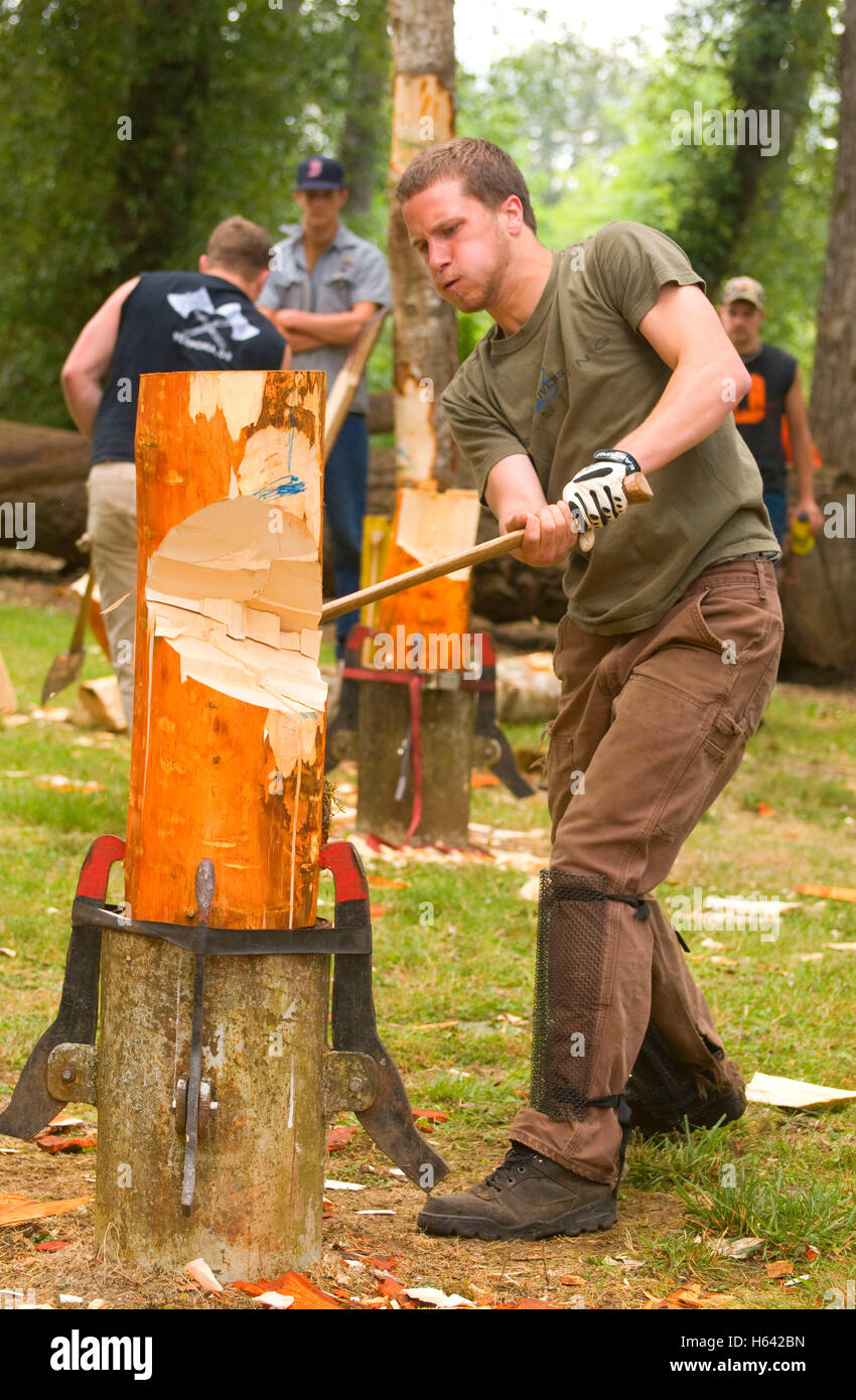 Stehende hacken, Linn County Logger Jamboree, Linn County Pioneer Picknick, Pioneer Park, Brownsville, Oregon Stockfoto