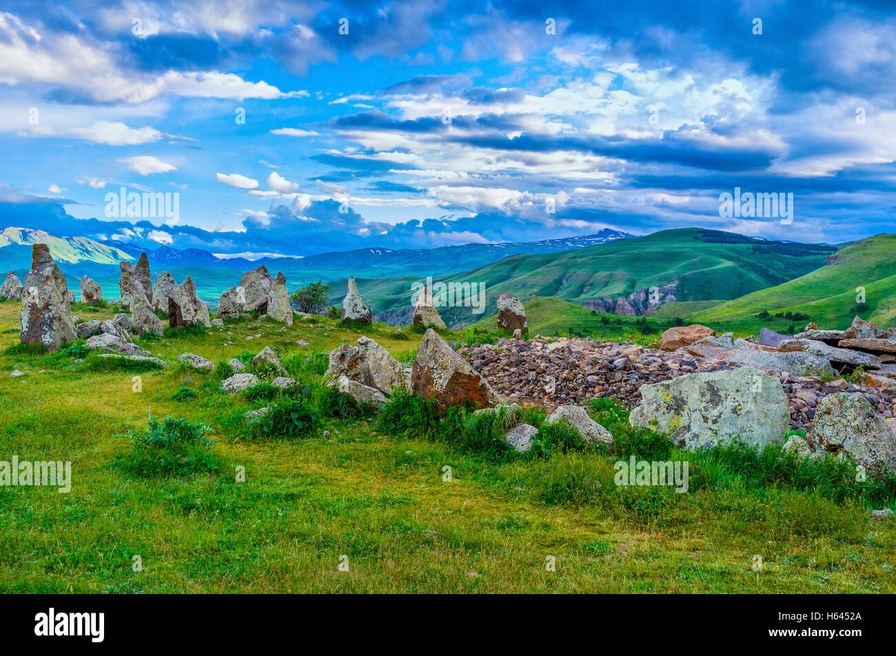 Die Website der Zorats Karer ist die einzigartige spiritueller Ort, berühmt unter den Einheimischen als armenische Stonehenge, Syunik Provinz, Armenien Stockfoto