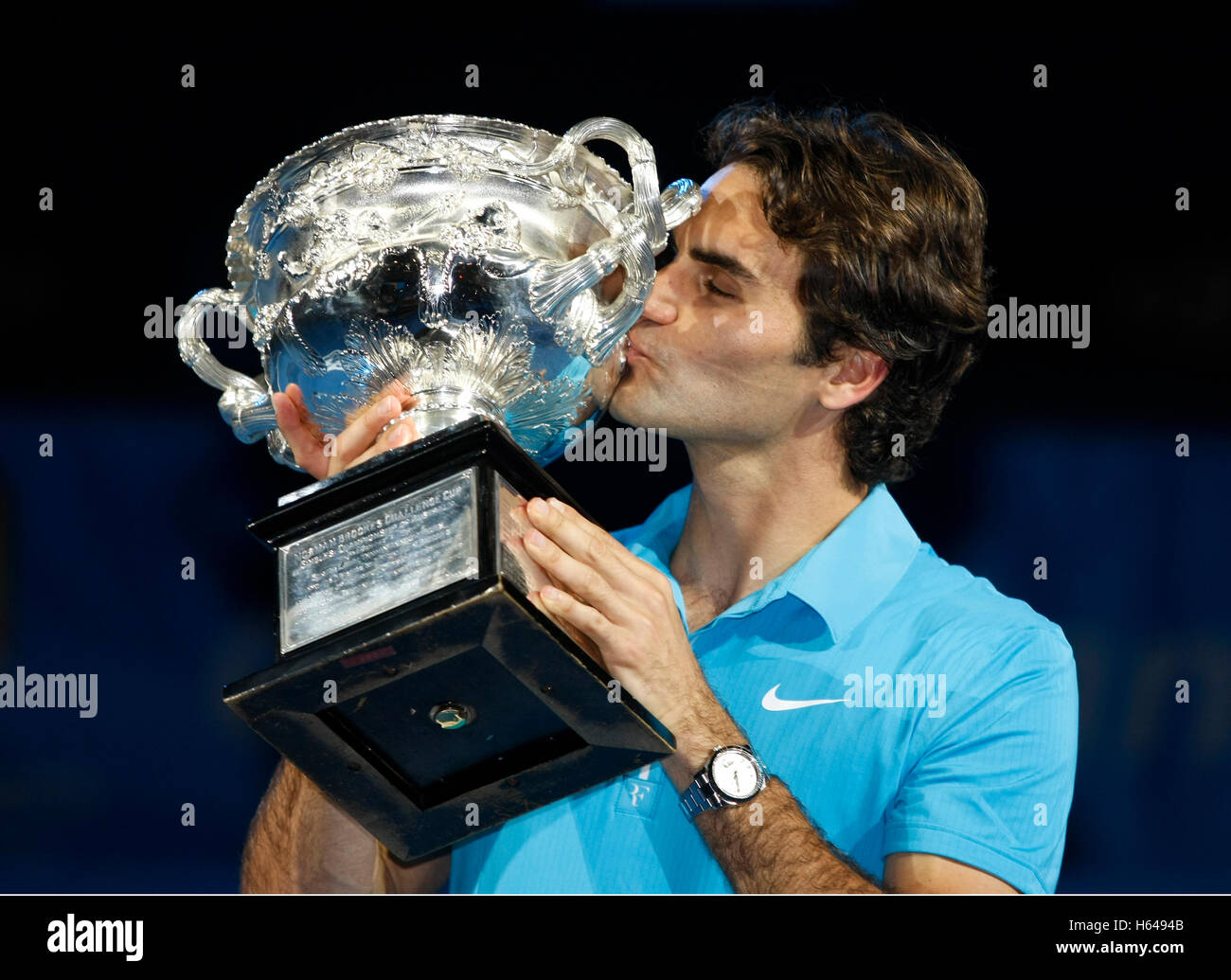 Herren Finale, Gewinner, Roger Federer, SUI, Trophäe, Tennis, Australian Open 2010, Grand-Slam-Turnier, Melbourne Park Stockfoto