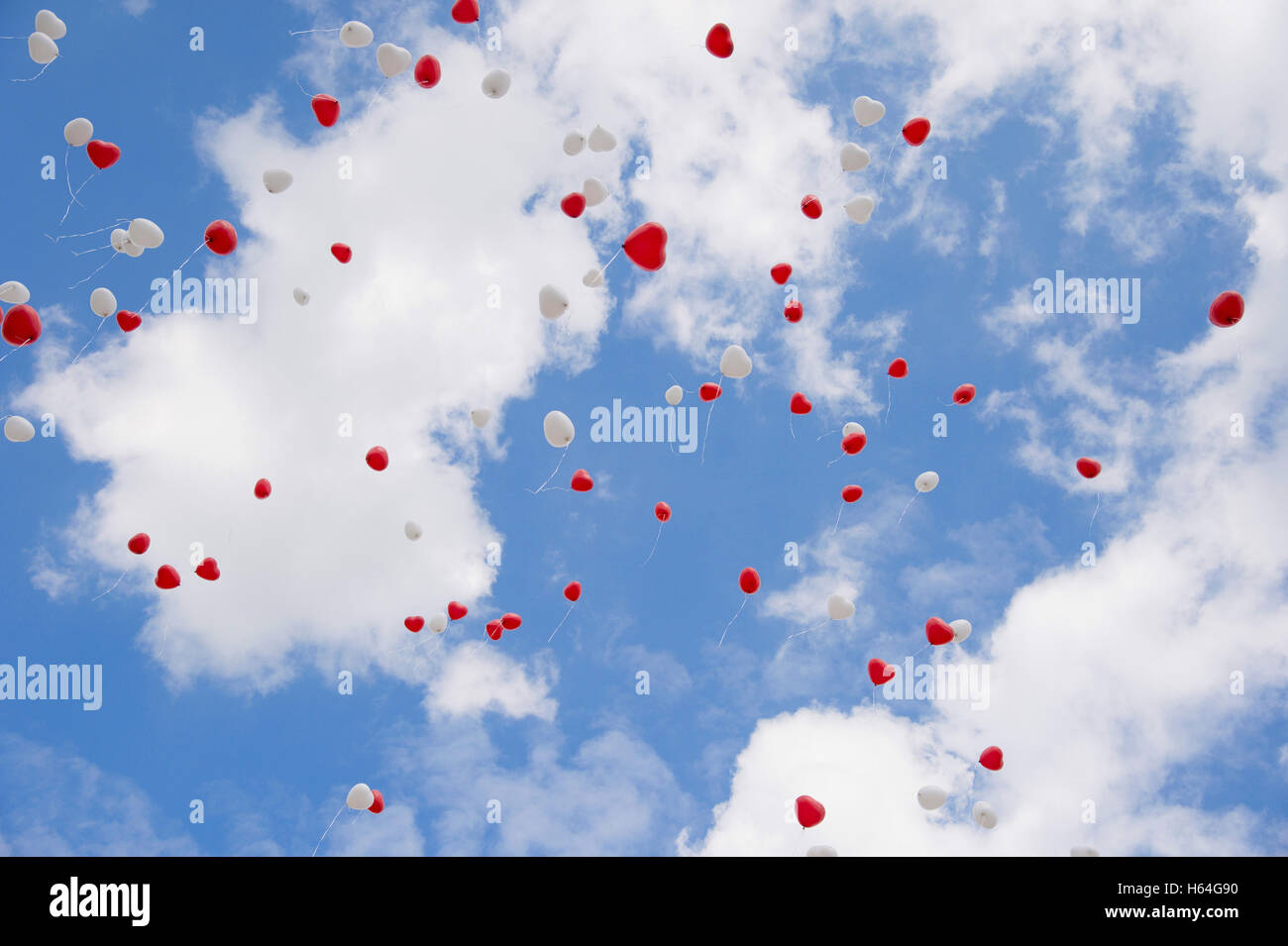 Herzform Luftballons in den Himmel am Hochzeitstag Stockfoto