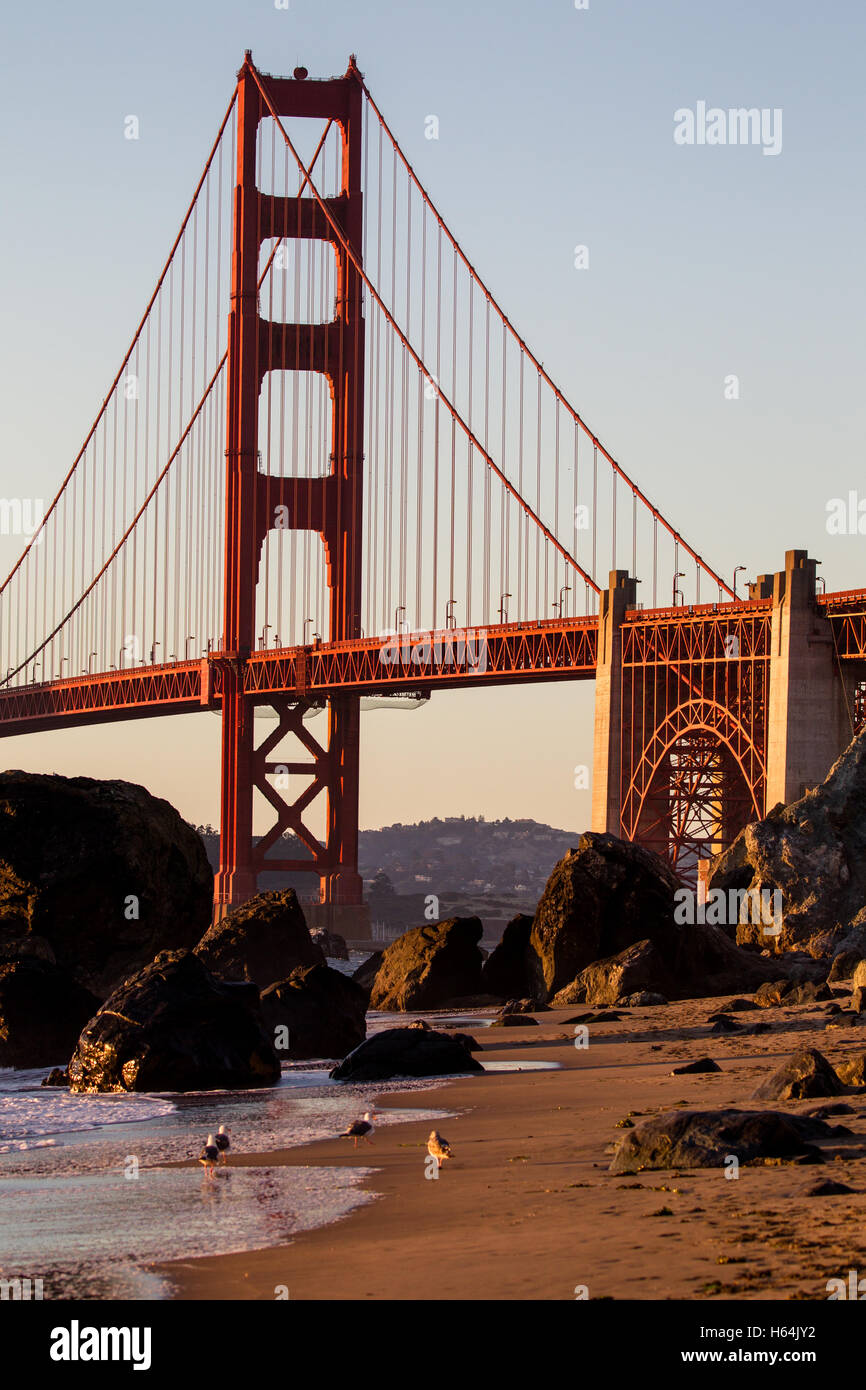 Blick von Marshalls Strand auf der Golden Gate Bridge in San Francisco, Kalifornien, USA an einem wolkenlosen Abend. Stockfoto
