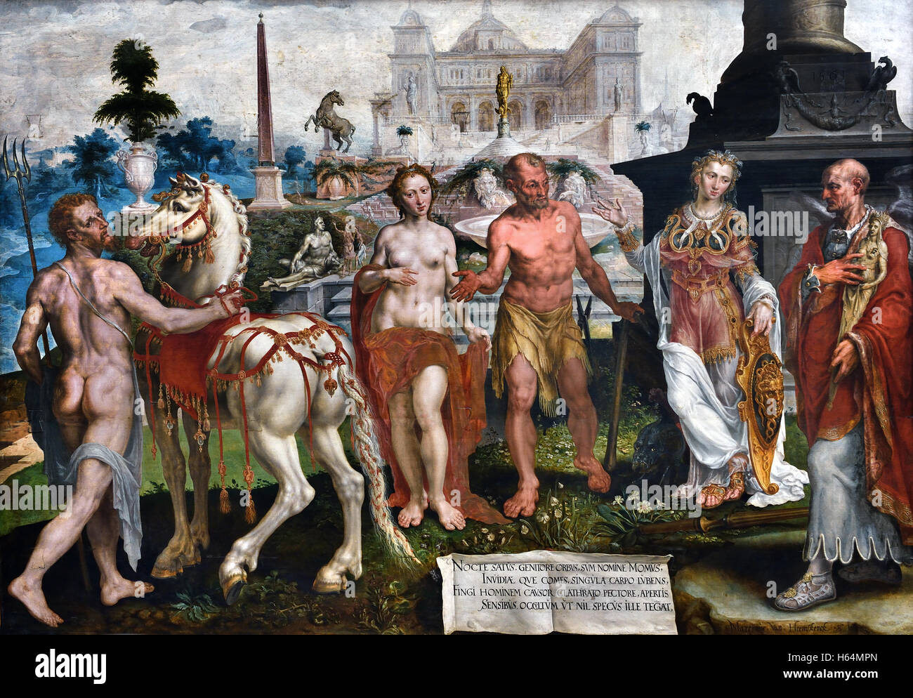 Momus tadelt die Werke der Götter Maarten van Heemskerck (1498-1574) Niederlande Niederlande (links Neptun, in den nahen Vulkan neben Minerva) Stockfoto