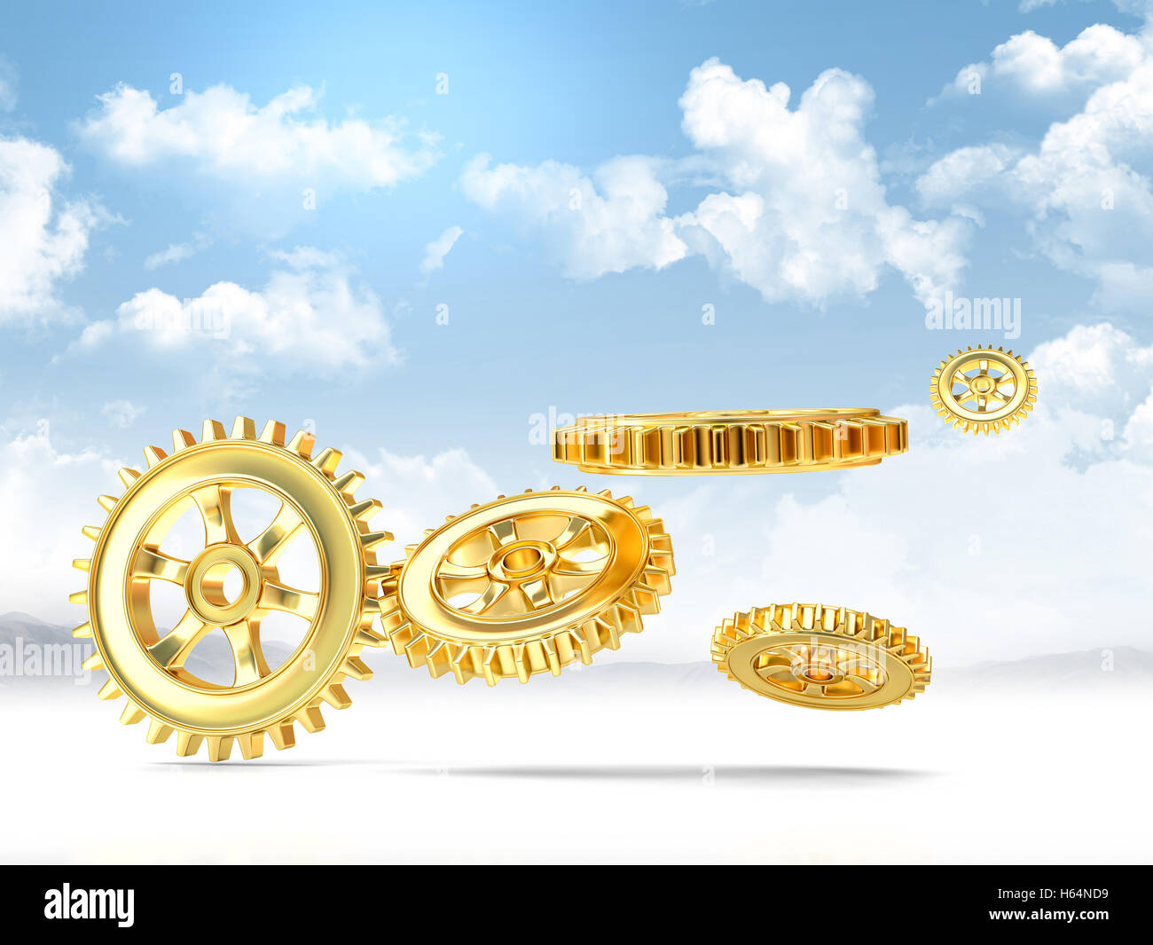 3D-Rendering golden Gear und blauer Himmel Stockfoto