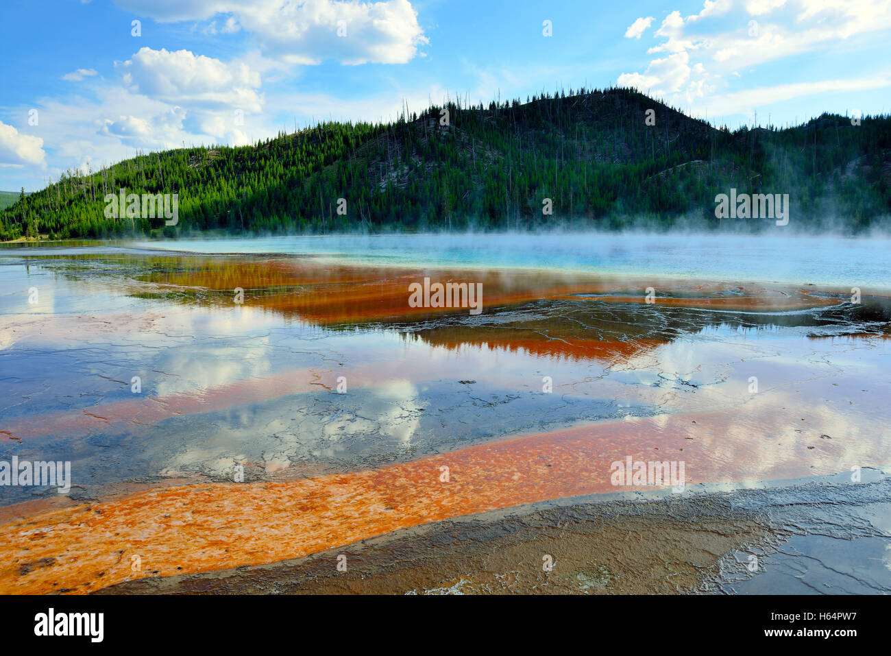 rote dampfende Fläche des Midway Geyser Basin im Yellowstone-Nationalpark, Wyoming Stockfoto