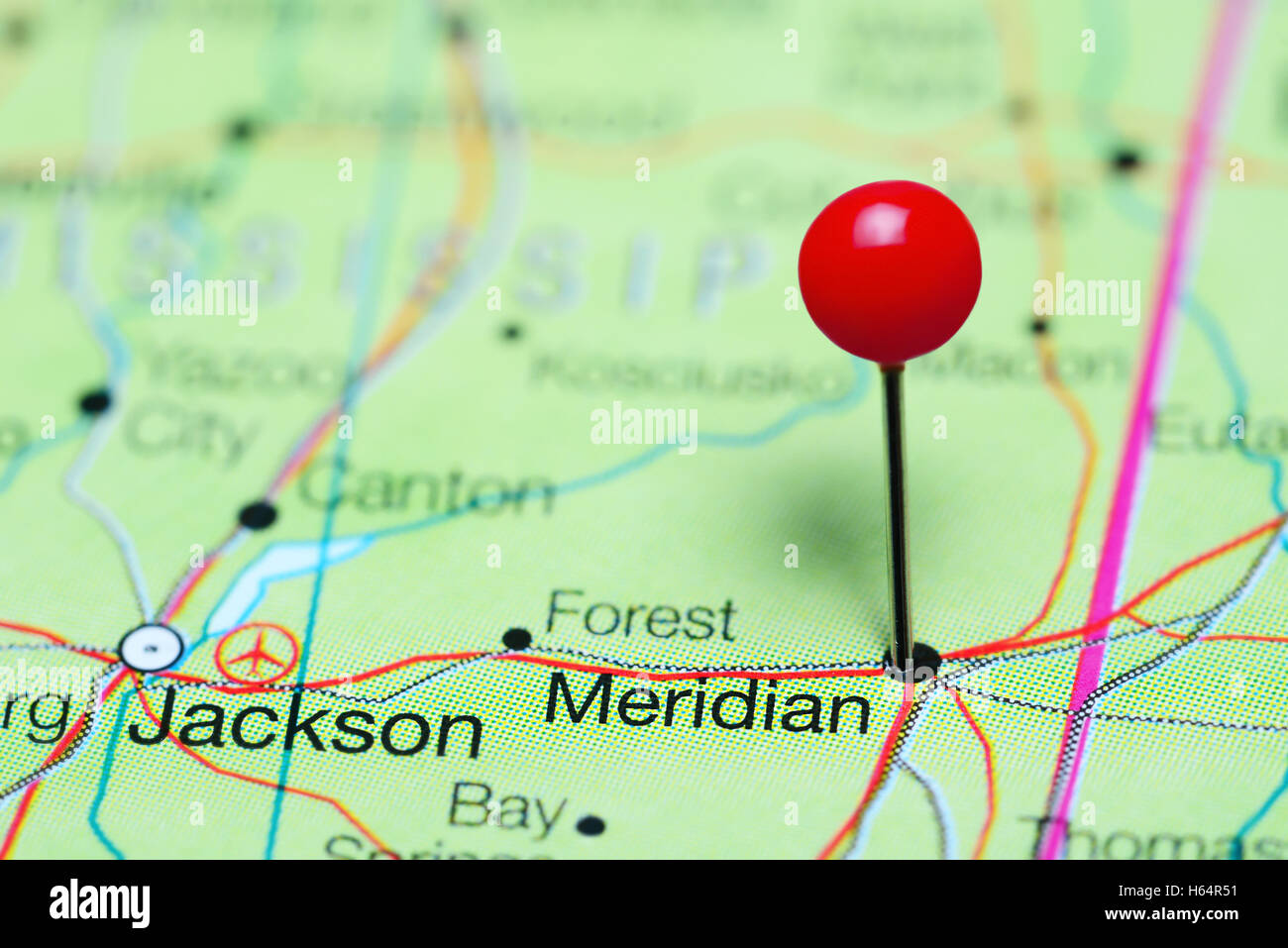 Meridian, fixiert auf einer Karte von Mississippi, USA Stockfotografie