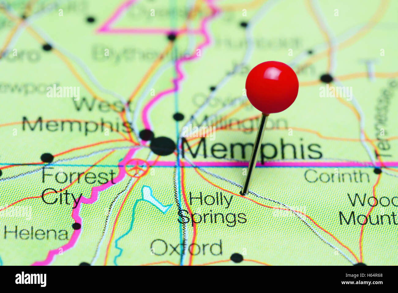 Holly Springs, fixiert auf einer Karte von Mississippi, USA Stockfoto