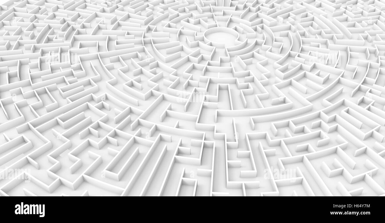 3D Rendering-Labyrinth, riesige Runde Labyrinth Vorlage auf weißen Boden isoliert Stockfoto