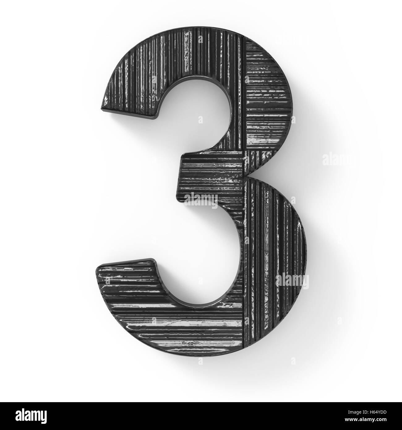 3D Rendern schwarze Holz-Nummer 3 isoliert weißen Hintergrund Stockfoto
