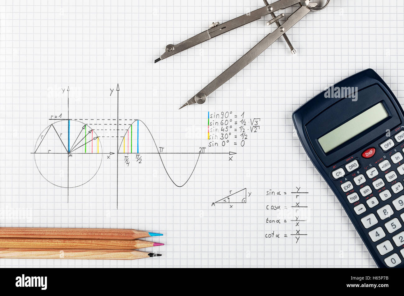Handschriftliche Trigonometrie Lektion - Sinusfunktion Stockfoto