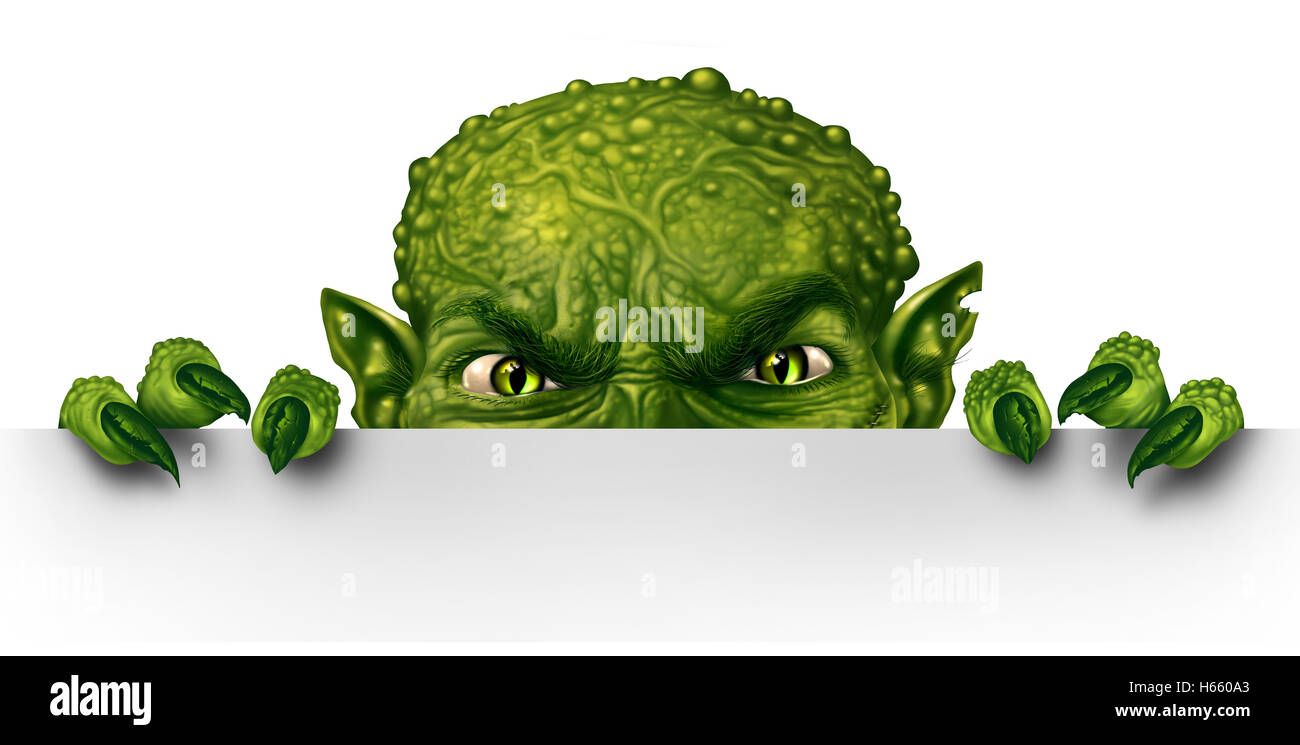 Monster, spähen hinter ein leeres weißes Schild als eine böse gruselig grüne Zombie Mutant versteckt und lugt hinter einer Plakatwand als Halloween Nachricht Konzept in eine 3D Darstellung Stil. Stockfoto