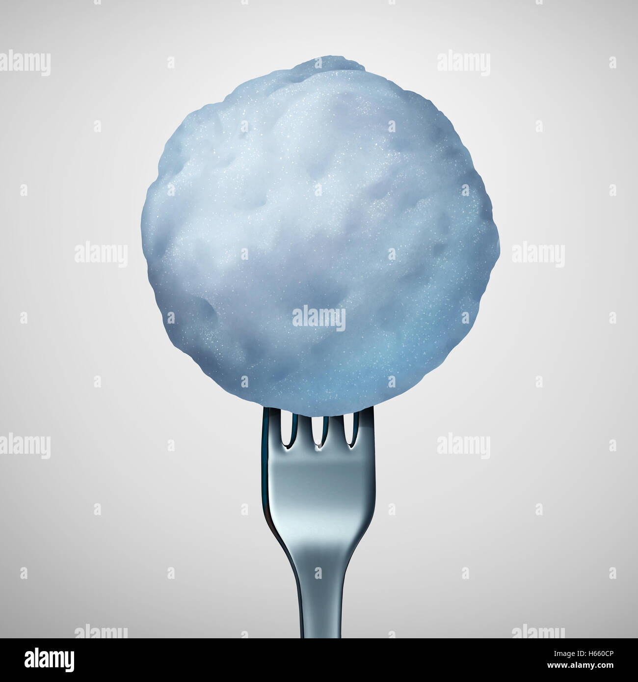 Essen und kalte Saison Speisekarte Winter als eine Gabel in einem gefrorenen Schneeball oder Schnee Ball wie eine saisonale Küche Diät mit 3D Abbildung Elemente. Stockfoto