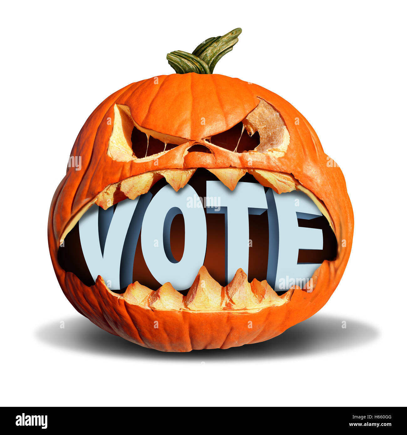 Im Herbst Wahlen Abstimmung Symbol als ein Jack o Lantern Kürbis beißen in eine 3D Illustration des Textes als Präsidenten stimmberechtigten Symbol oder ein saisonales fallen Wähler-Symbol oder Halloween-Kostüm-Wettbewerb. Stockfoto