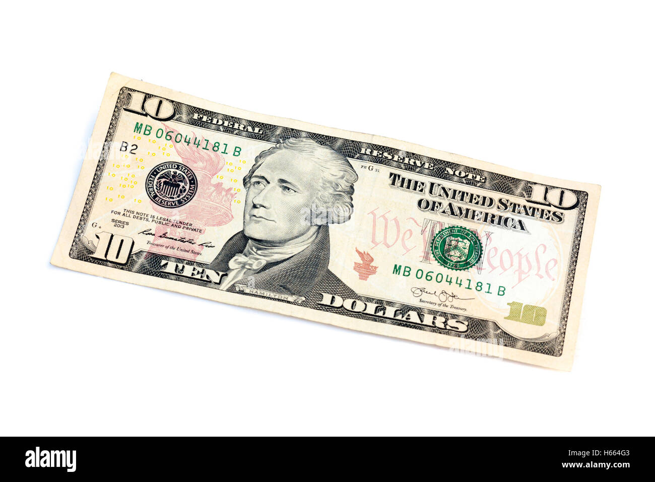 10 Dollar-Schein auf weißem Hintergrund Stockfoto