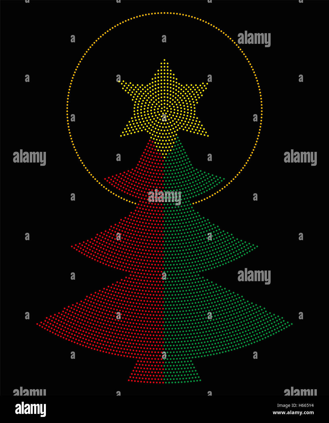 Weihnachtsbaum-Symbol radial Punktmuster. Einzigen Baum rot-grüne Farbe, eine gelbe sechszackigen Stern auf der Spitze mit einem Heiligenschein. Stockfoto