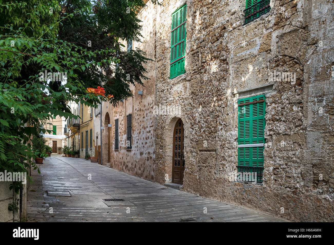 Mittelmeer-Straße in der Altstadt von Alcudia, Mallorca Balearen Insel von Spanien Stockfoto