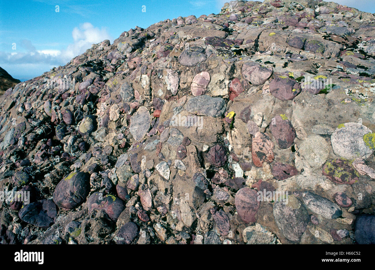 Sandstein Konglomerat Felsen über Killary Harbour, County Glalway, Irland. Stockfoto
