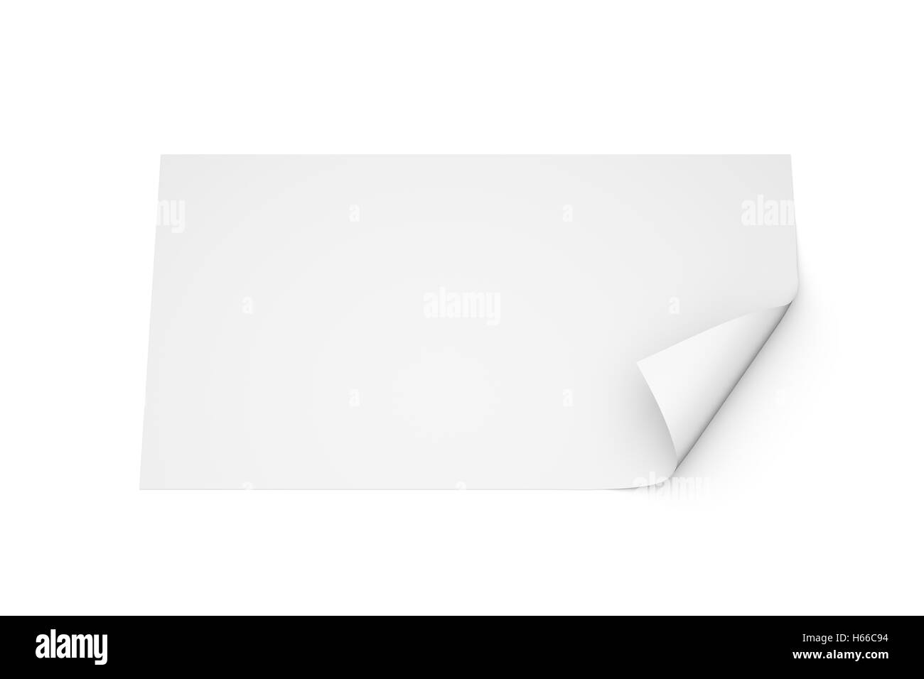 3D leeres Blatt Papier. Papierseite mit Curl auf weißem Hintergrund Stockfoto