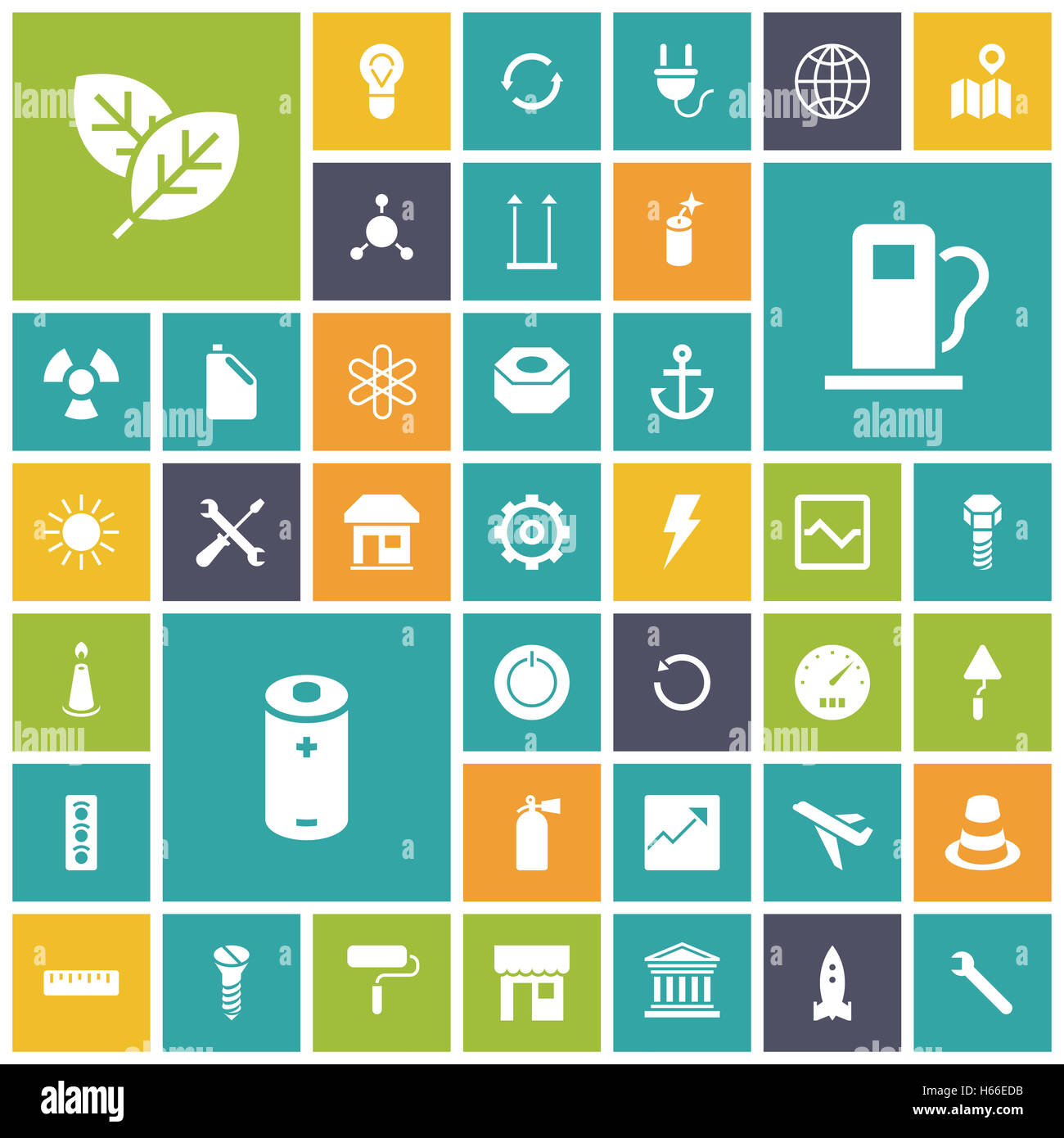 Flache Design-Ikonen für Industrie, Energie und Ökologie. Stockfoto
