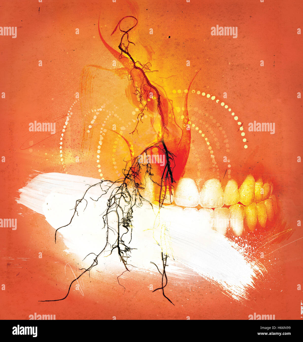 Menschliche Zähne und brennenden Zweige auf orangem Hintergrund Stockfoto