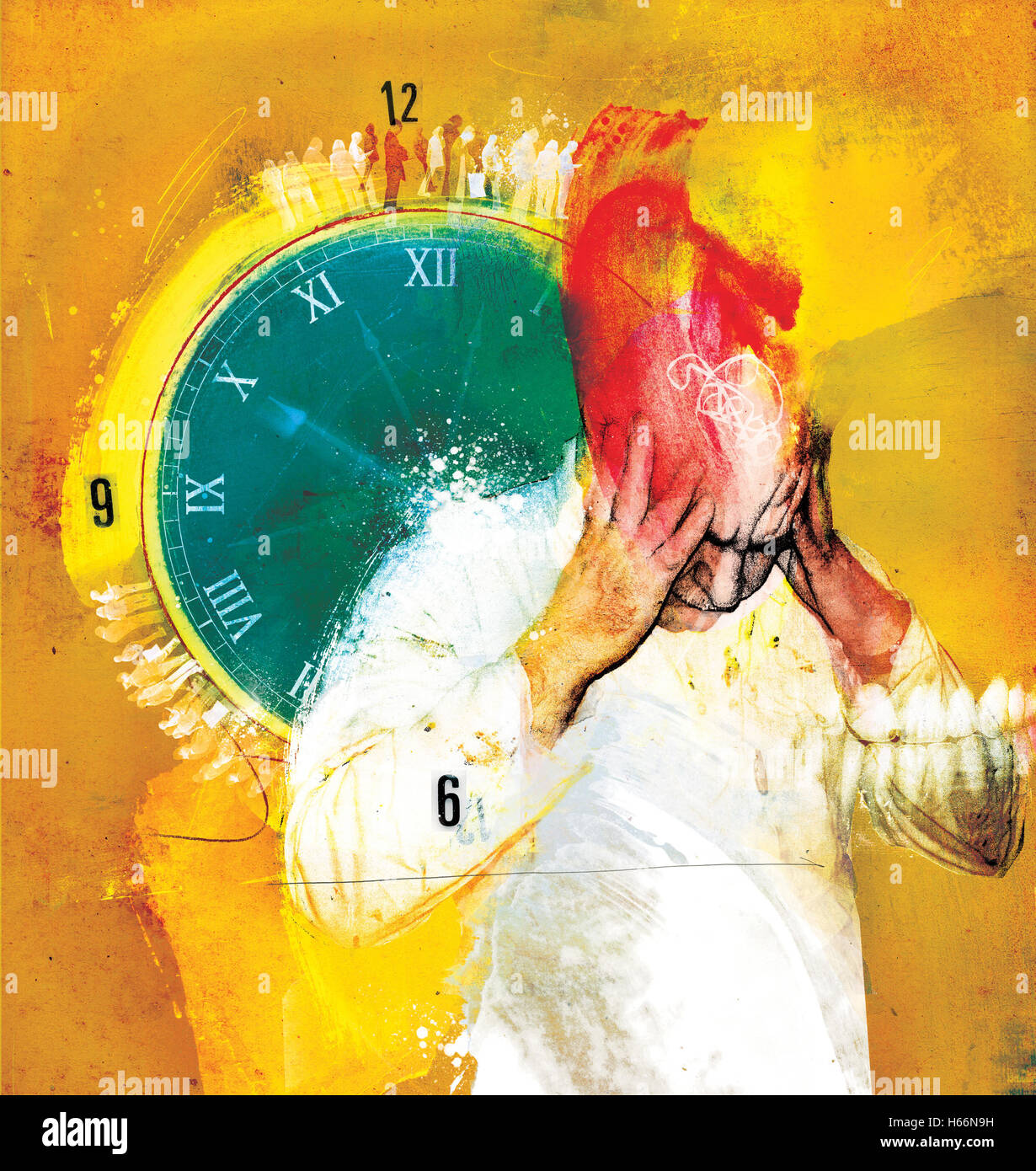 Mann mit Kopfschmerzen und Clock auf gelbem Hintergrund Stockfoto
